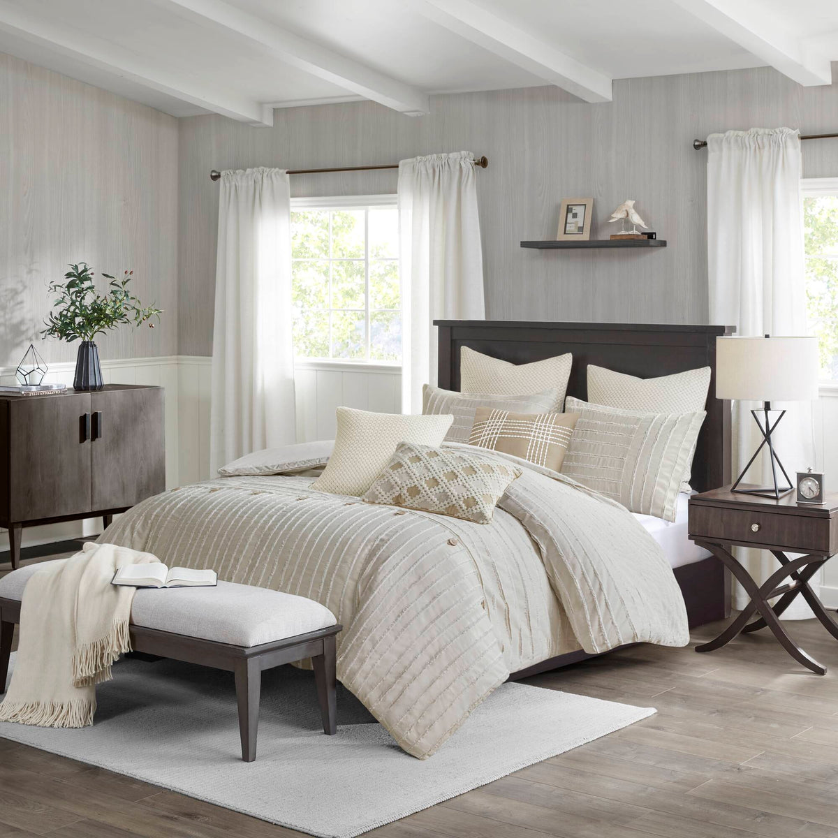 Essence Oversized Cotton Clipped Jacquard Comforter Set with Euro Shams and Throw Pillows - Ivory