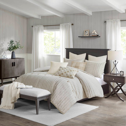 Essence Oversized Cotton Clipped Jacquard Comforter Set with Euro Shams and Throw Pillows - Ivory