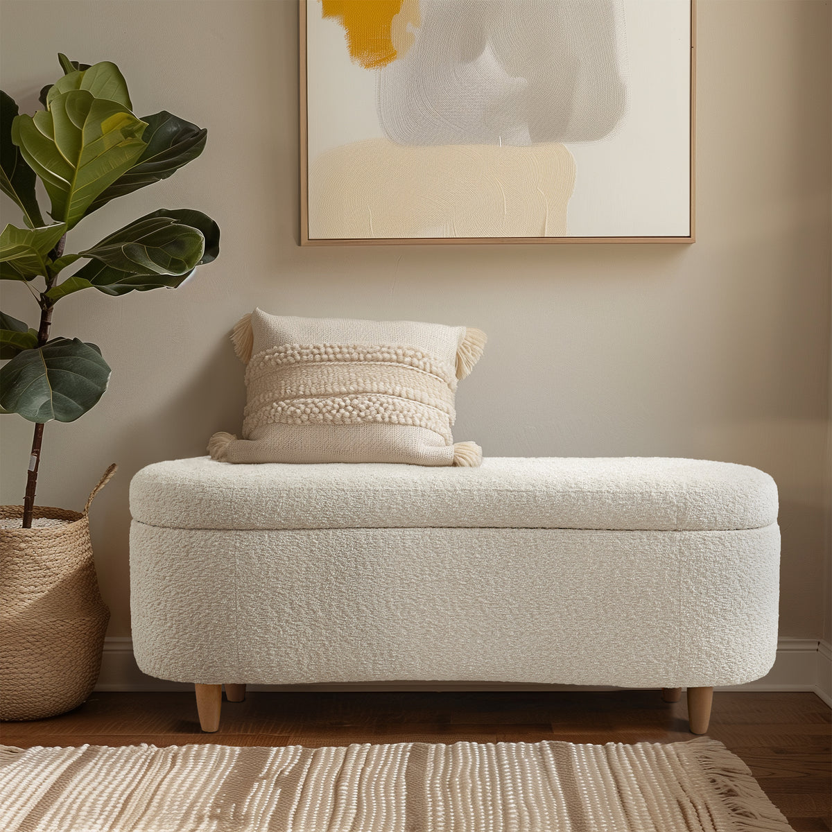 Bailey Boucle-Style Curved Storage Accent Bench - Cream