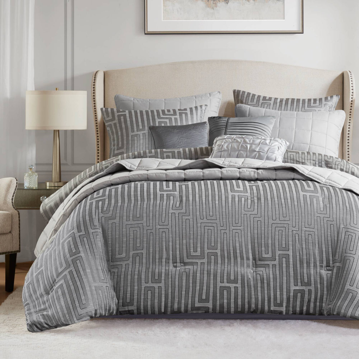 Royce 10 Piece Luxury Jacquard Comforter Set - Grey