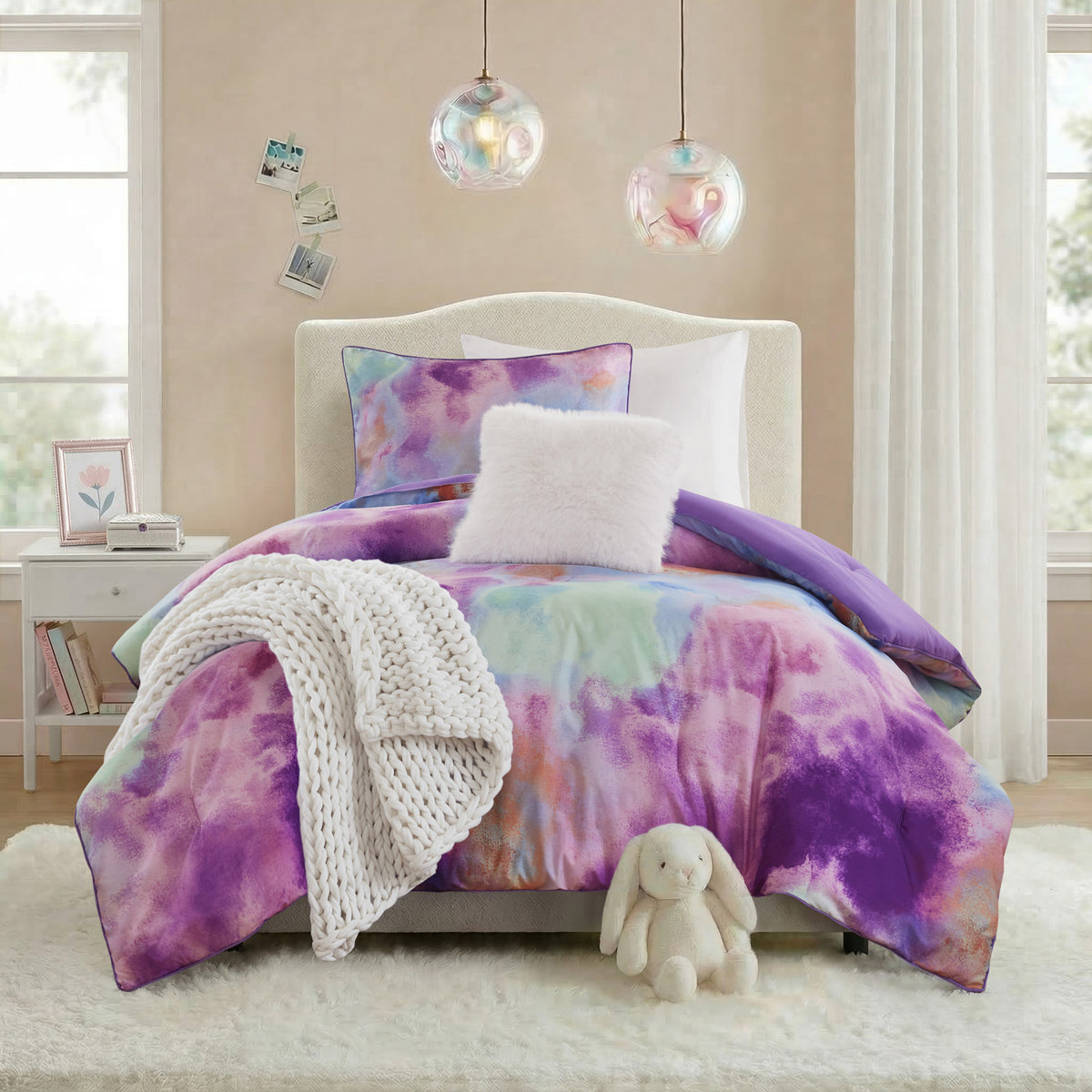 Cassiopeia Watercolor Tie Dye Printed Comforter Set with Throw Pillow - Lavender
