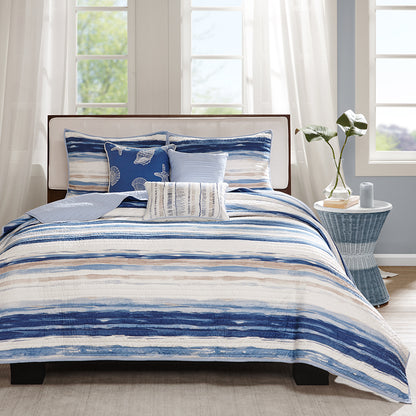 Marina 6 Piece Printed Quilt Set with Throw Pillows - Blue