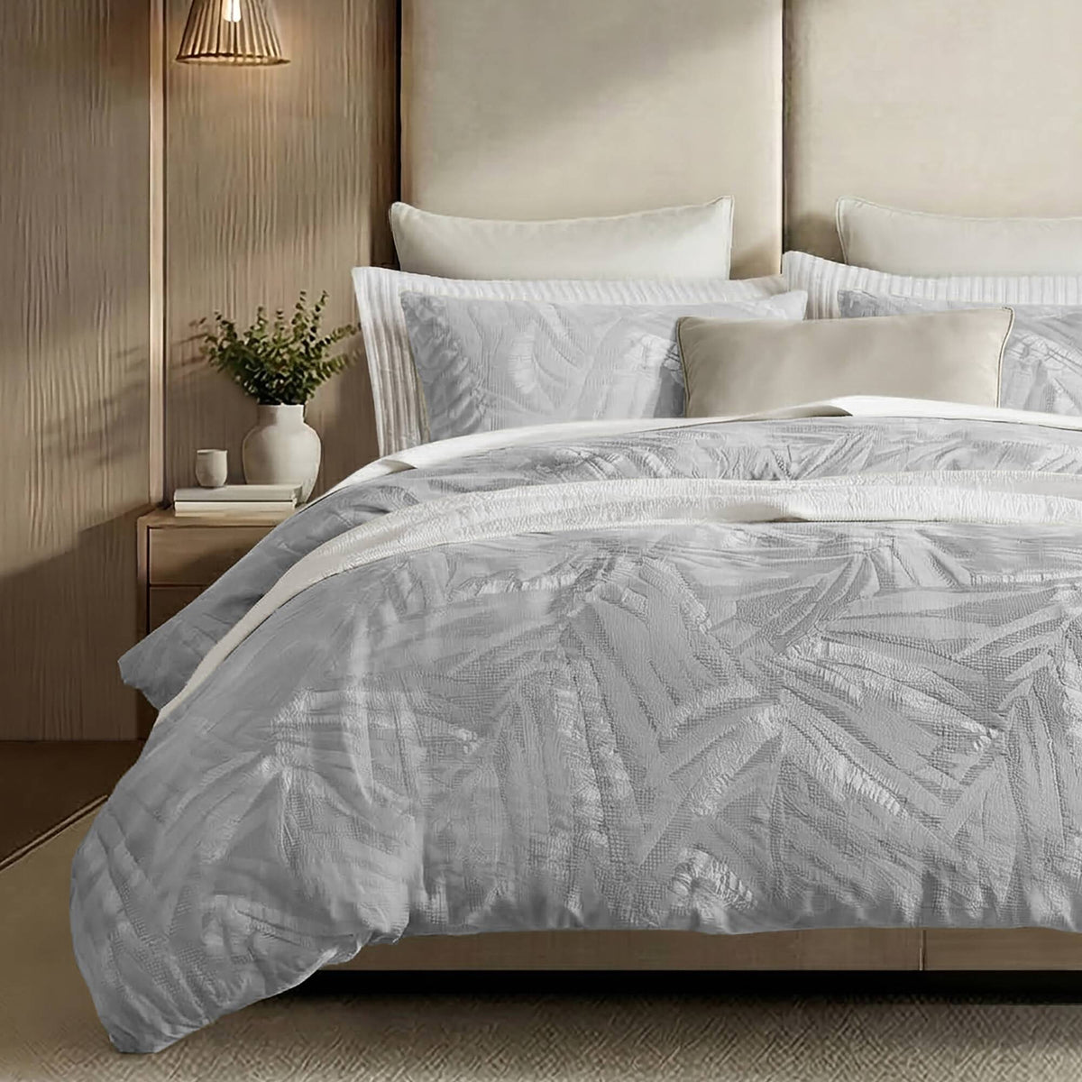 Coastal Leaves 3 Piece 3 Piece Cotton Duvet Set - Light Gray