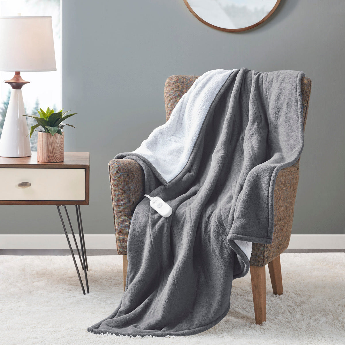 Fleece to Sherpa Heated Throw - Dark Grey