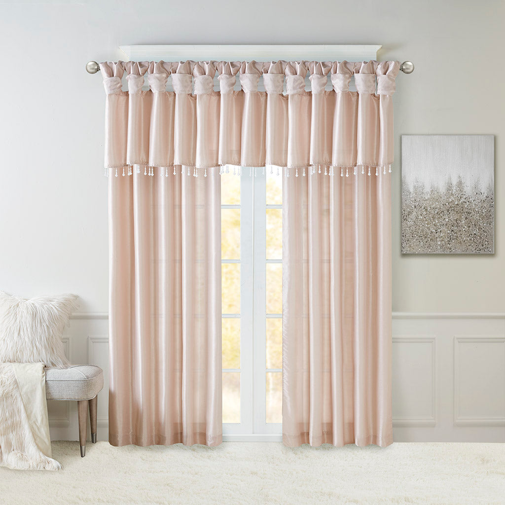 Emilia 100% Polyester Solid Faux Silk Lined Twist Tab Window Curtain - Blush
