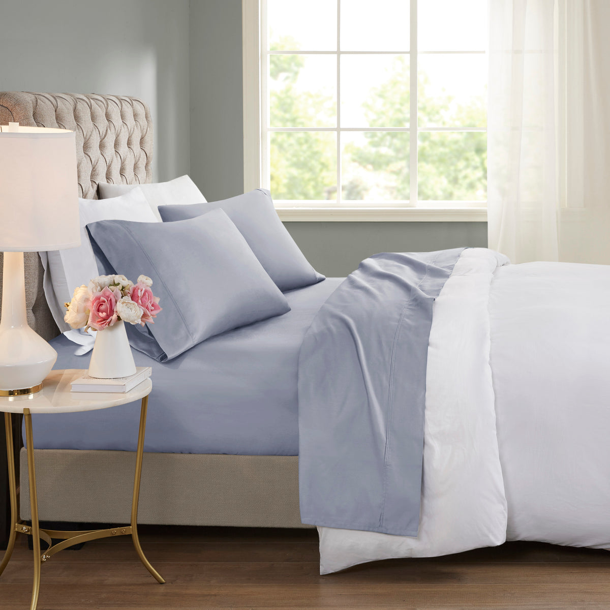 600 Thread Count Cooling Cotton Blend 4 PC Sheet Set - Blue