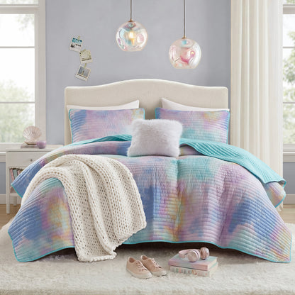 Cassiopeia Watercolor Tie Dye Printed Quilt Set with Throw Pillow - Aqua