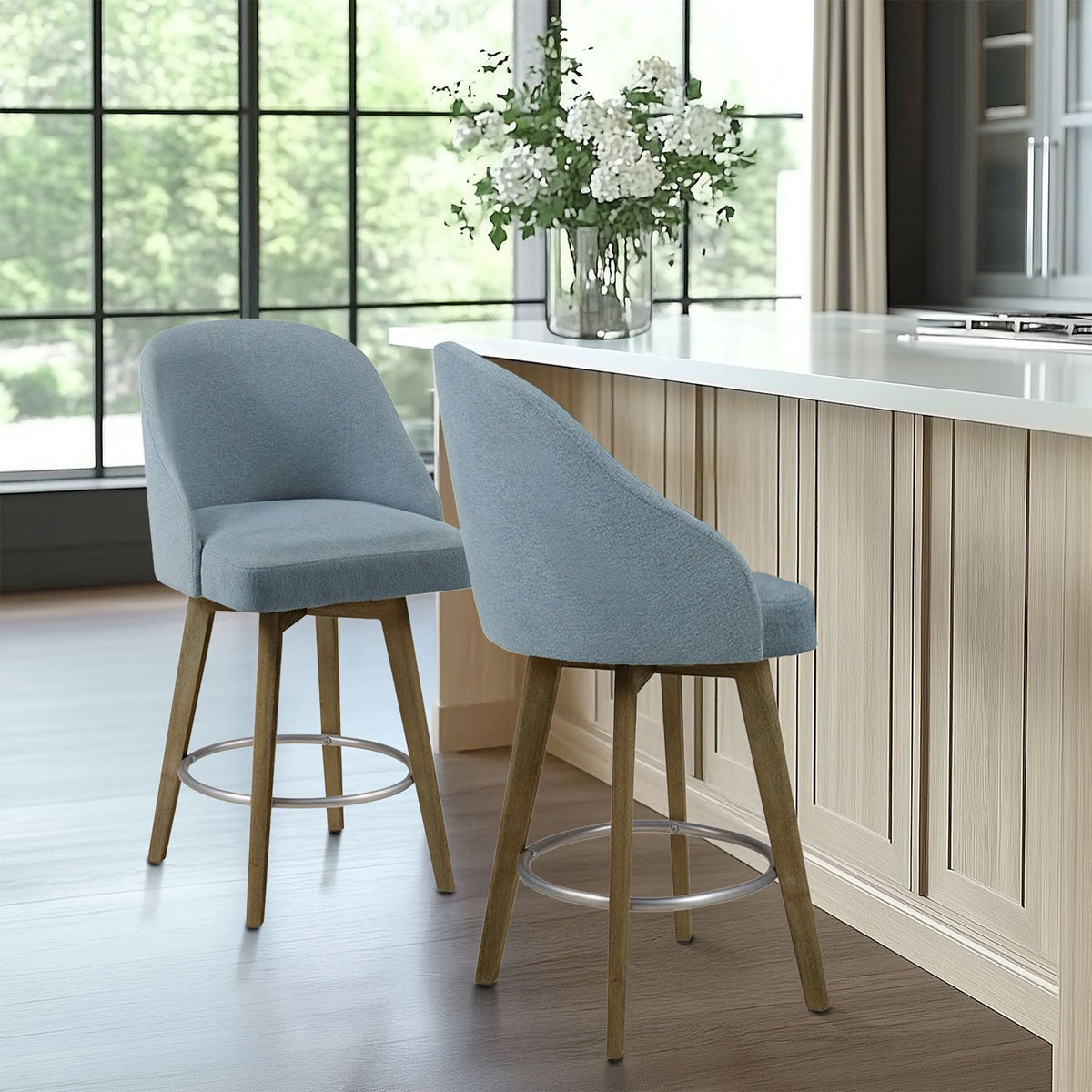 Pearce Swivel Upholstered Counter Stool with Solid Wood Legs & Metal Footrest - Blue
