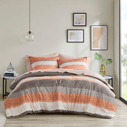 Jaxon Stripe Comforter Set with Bed Sheets - Coral/Grey