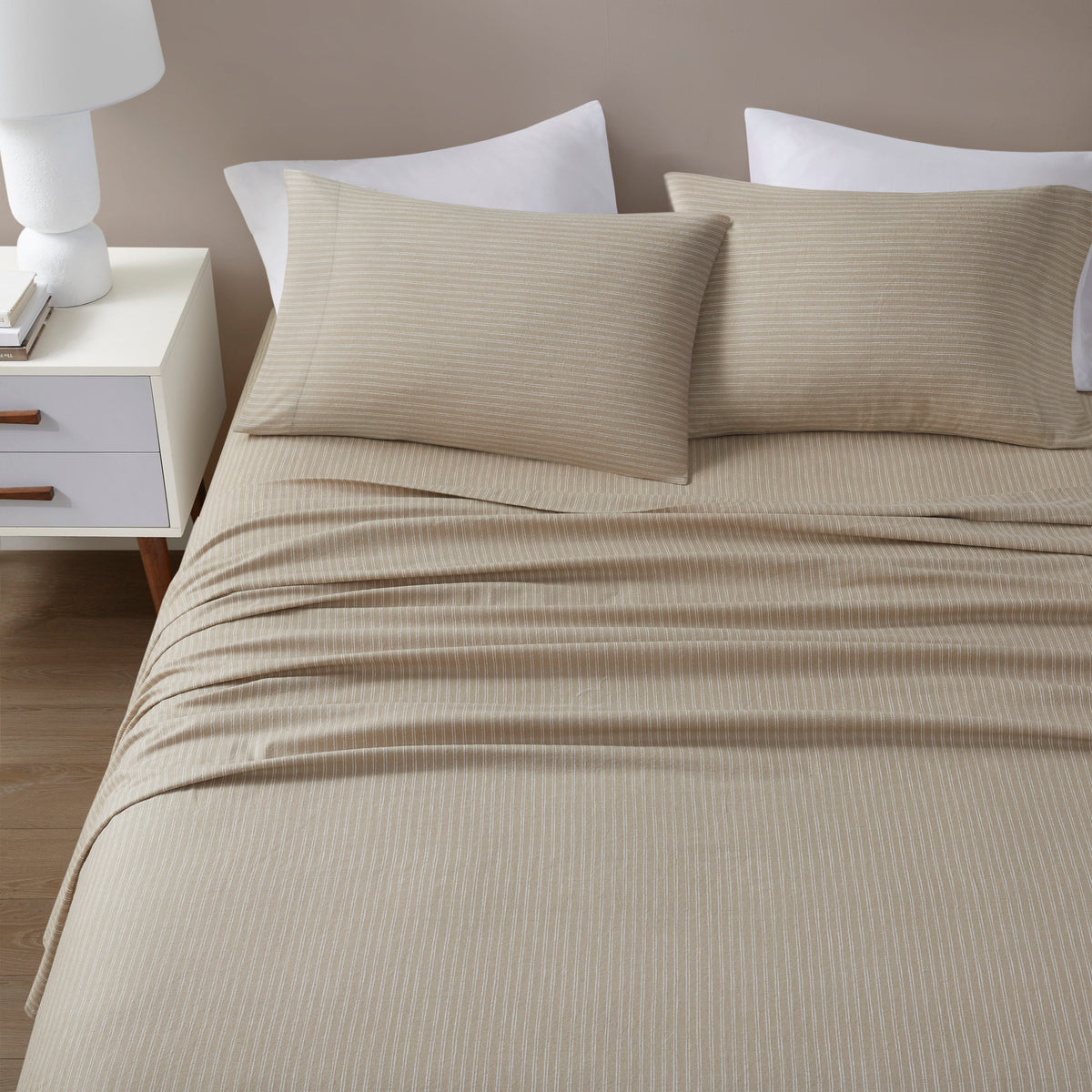 Cozy Cotton Flannel Printed Sheet Set - Beige/White Stripes