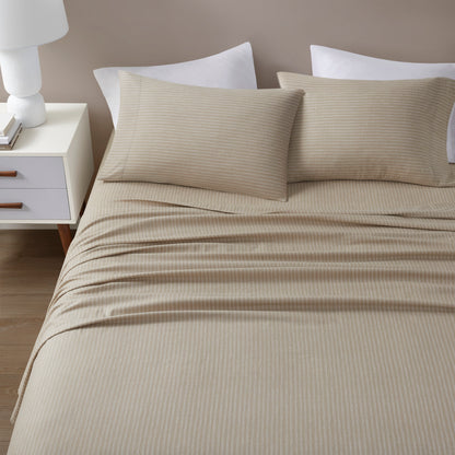 Cozy Cotton Flannel Printed Sheet Set - Beige/White Stripes