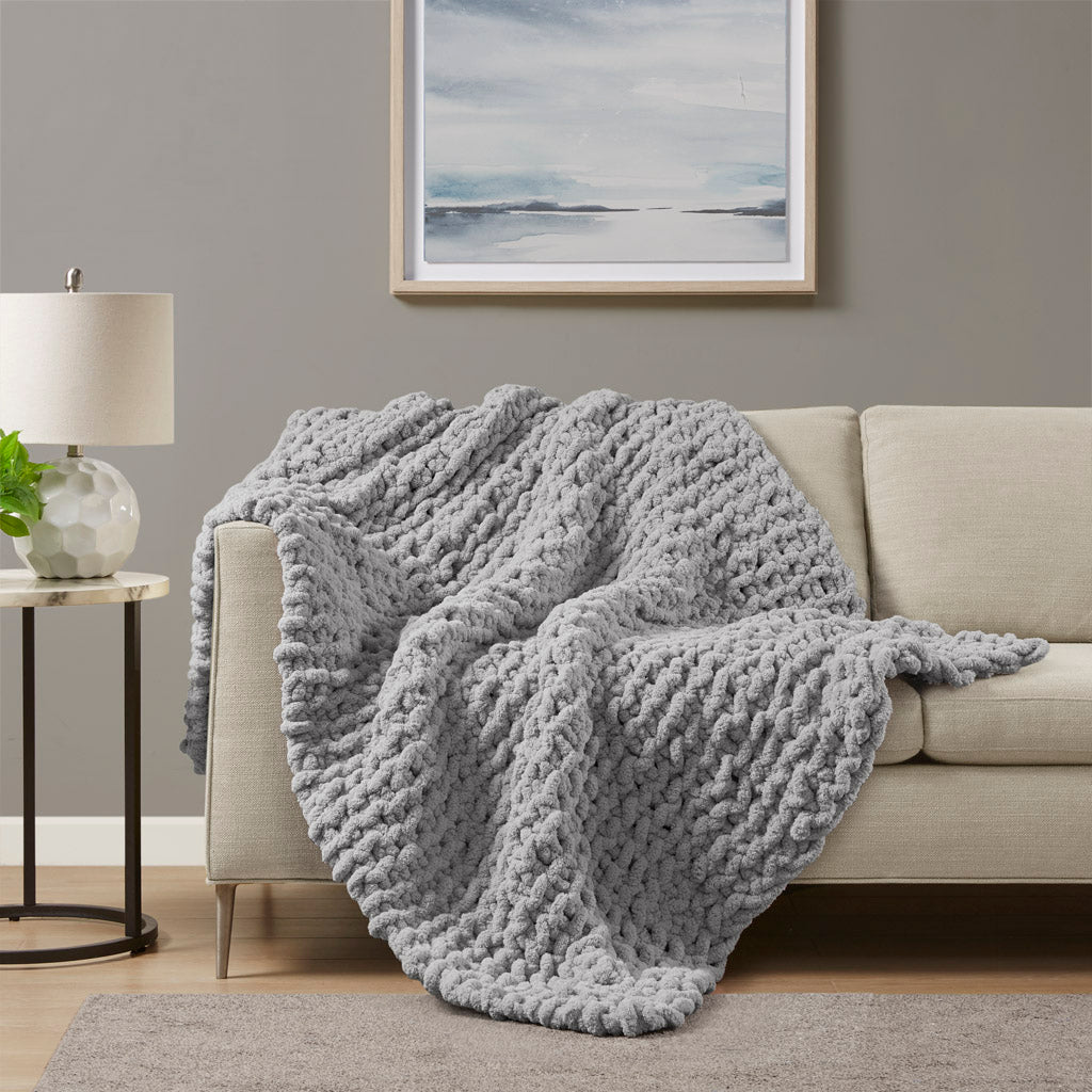 Chenille Chunky Knit Throw - Grey
