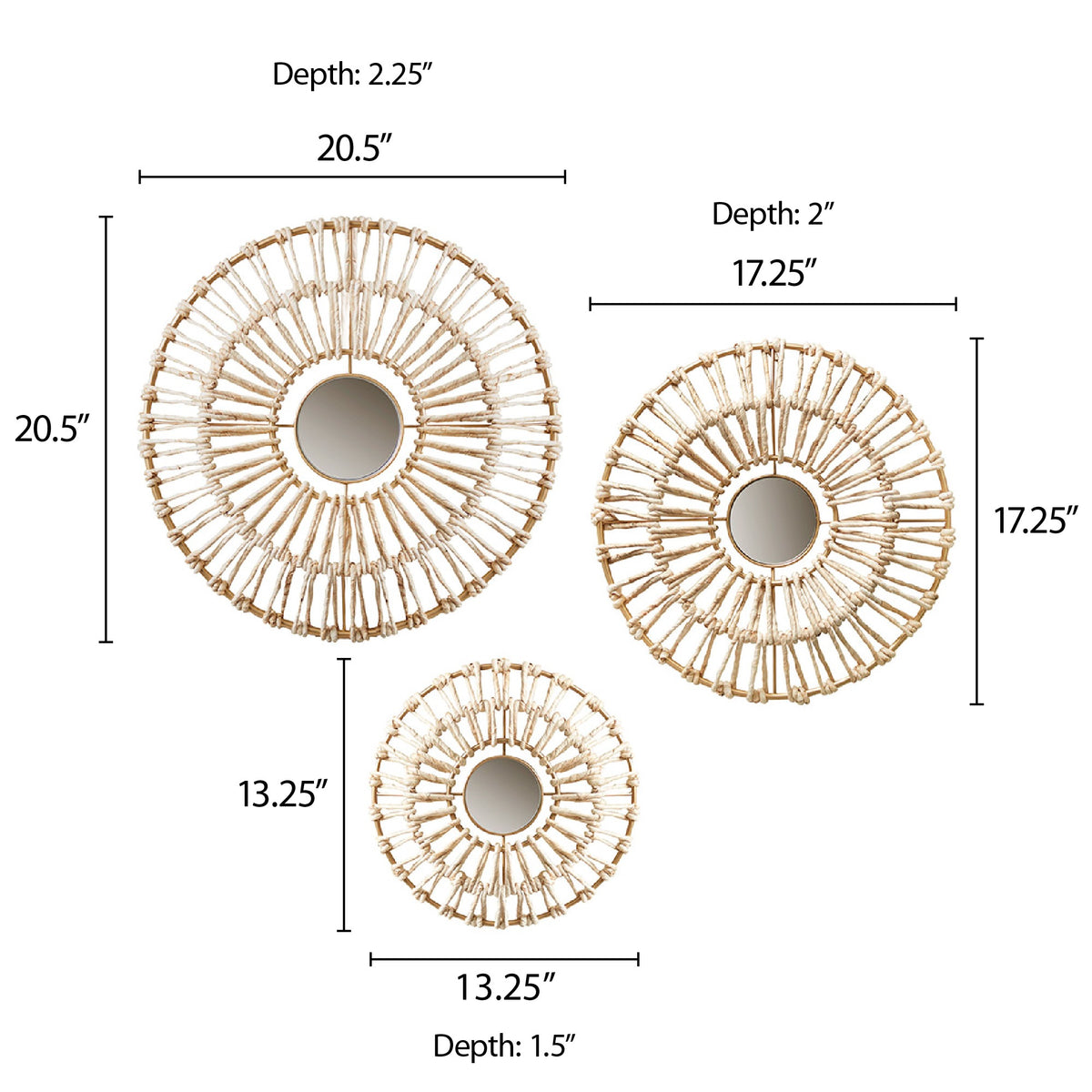 Ella Round Natural Fiber and Mirror 3-piece Wall Decor Set - Neutral