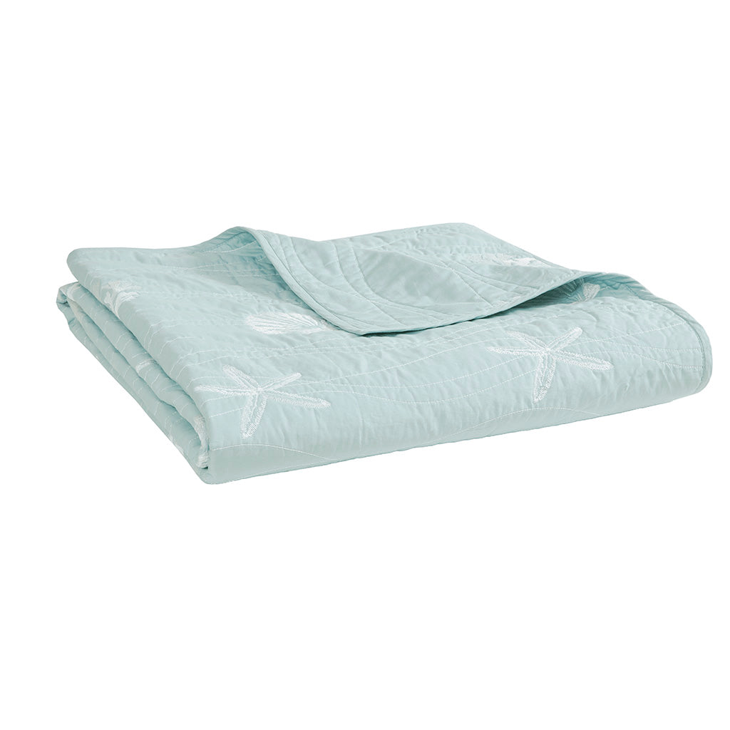 Seaside 4 Piece Cotton Reversible Embroidered Quilt Set with Throw Pillow - Aqua