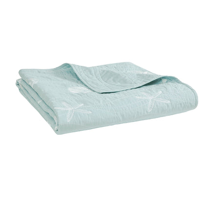 Seaside 4 Piece Cotton Reversible Embroidered Quilt Set with Throw Pillow - Aqua