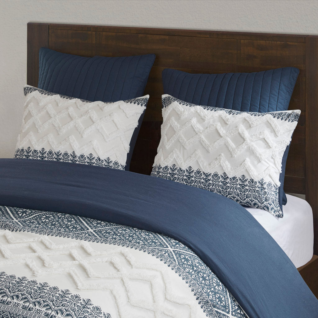 Mila 3 Piece Cotton Comforter Set with Chenille Tufting - Navy