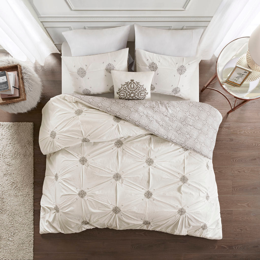 Malia 4 Piece Embroidered Cotton Reversible Duvet Cover Set - Ivory