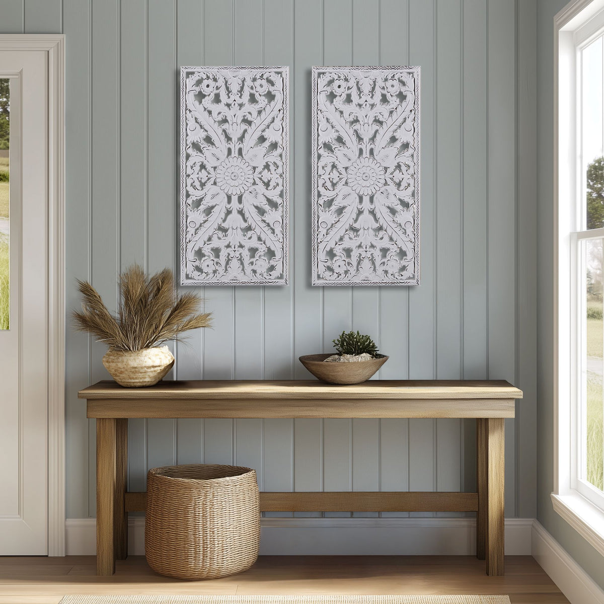 Botanical Panel Distressed Carved Wood 2-piece Wall Decor Set - White
