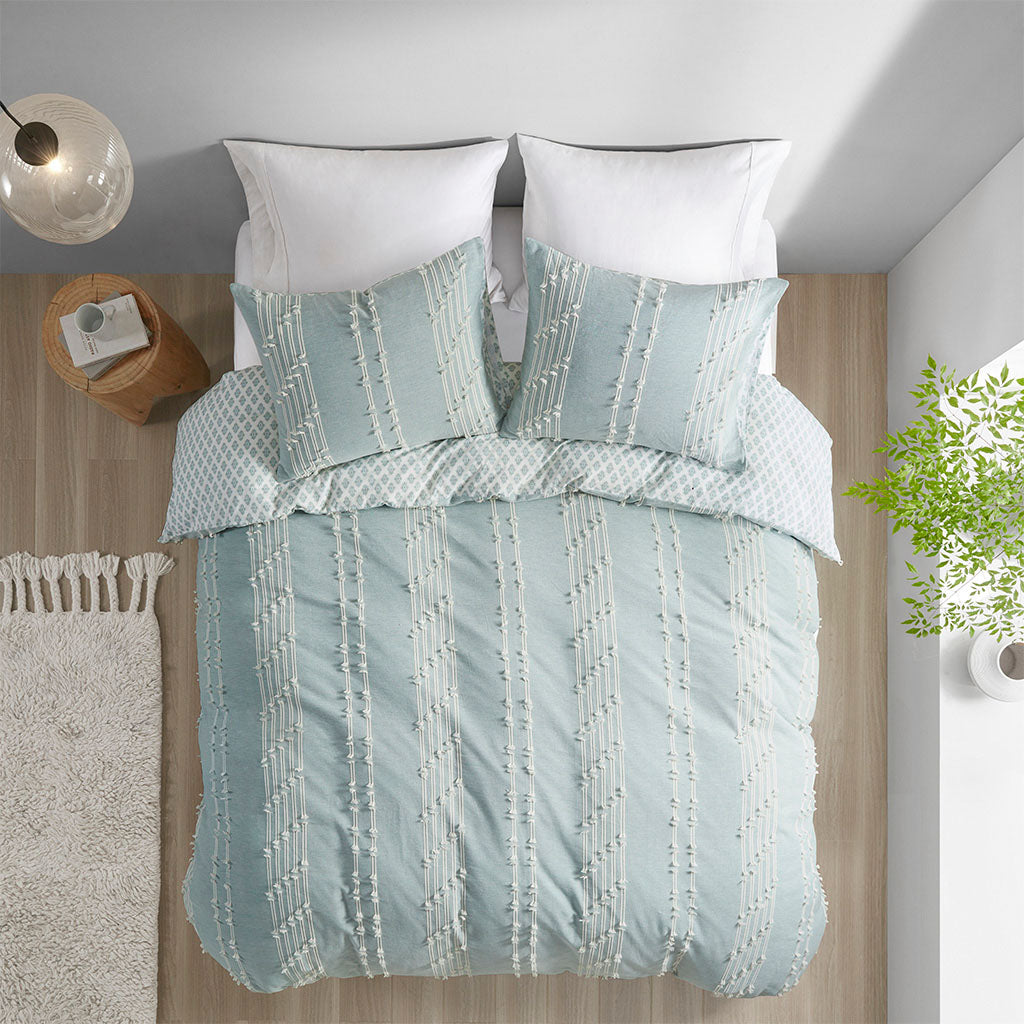 Kara 3 Piece Cotton Jacquard Duvet Cover Set - Aqua