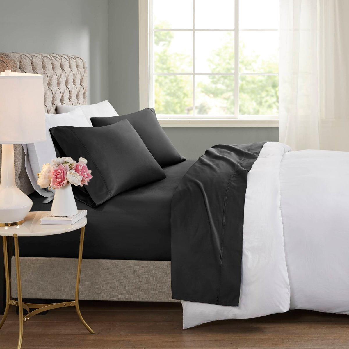 600 Thread Count Cooling Cotton Blend 4 PC Sheet Set - Black
