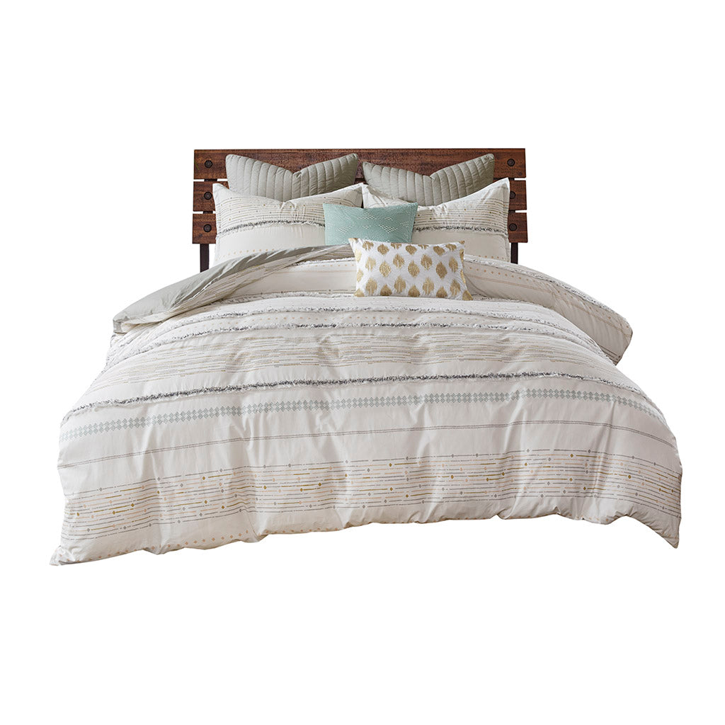 Nea Cotton Printed Comforter Set with Trims - Off White/Gray