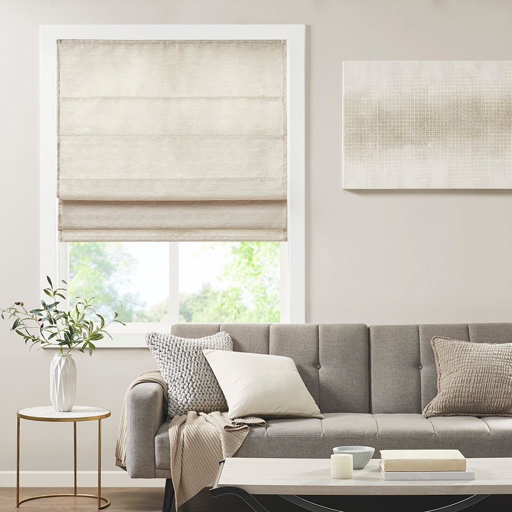 Como Printed Faux Silk Room Darkening Cordless Roman Shade - Ivory