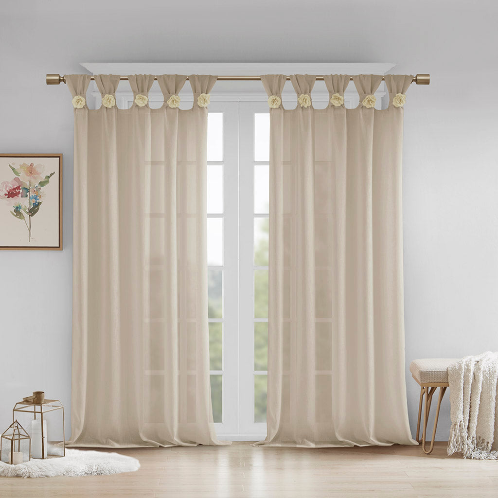 Rosette Floral Embellished Cuff Tab Top Solid Curtain Panel - Linen