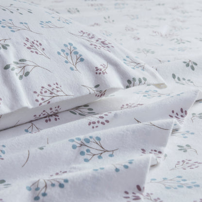 Cozy Cotton Flannel Printed Sheet Set - White Tossed Botanical