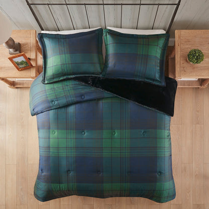 Bernston Faux Wool to Faux Fur Down Alternative Comforter Set - Green Plaid