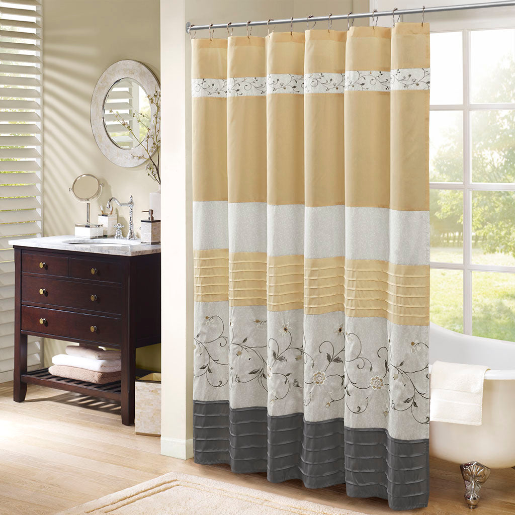Serene Faux Silk Embroidered Floral Shower Curtain - Yellow