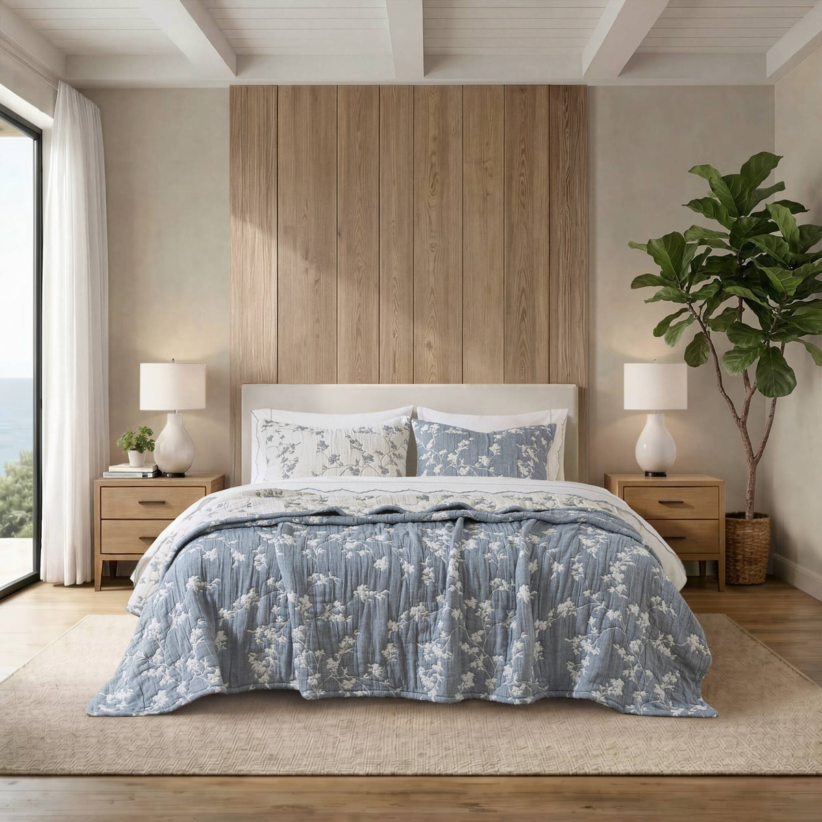 Catalina Botanical 3 Piece Jacquard Cotton Gauze Quilt Set - Navy