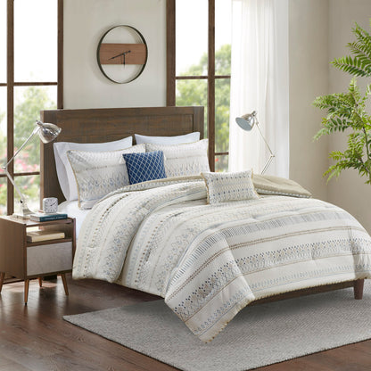 Fraser 5 Piece Printed Seersucker Comforter Set with Throw Pillows - Taupe/Blue
