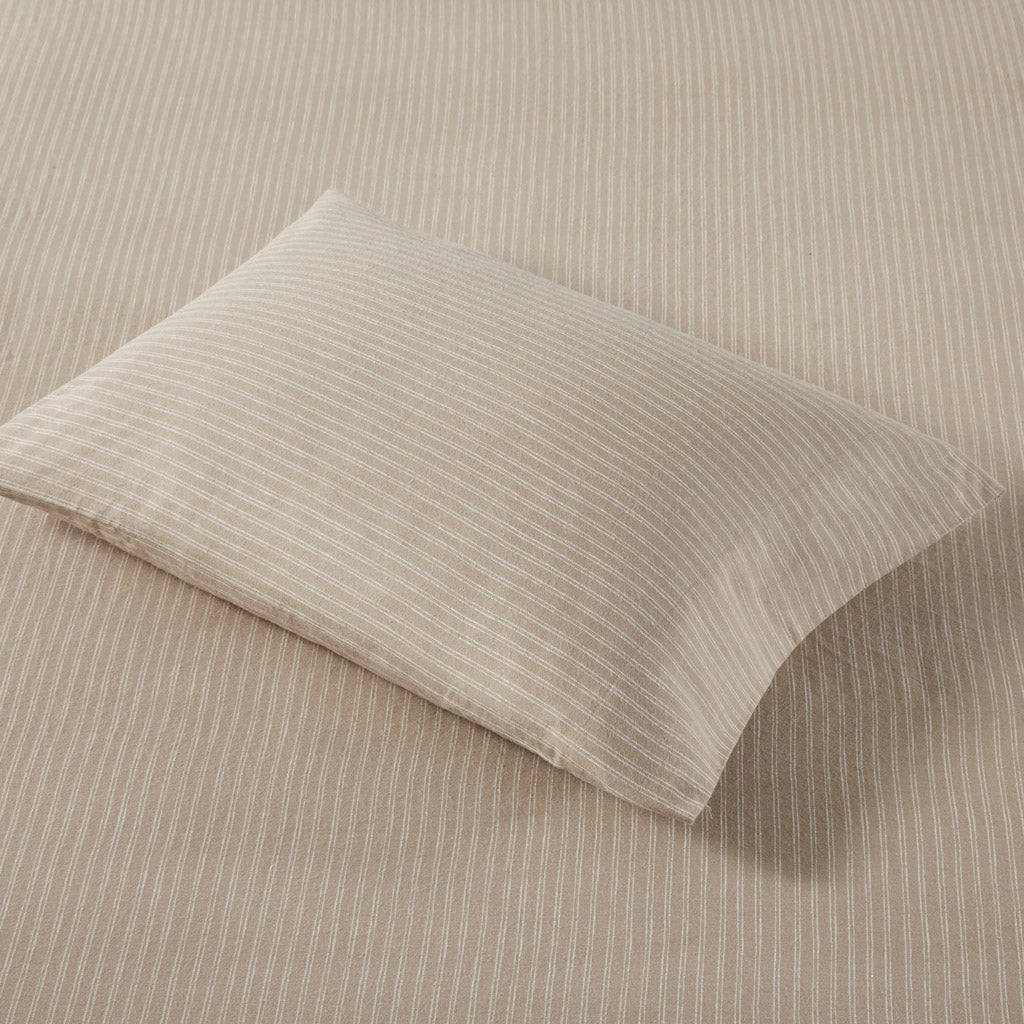 Oversized Cotton Flannel 4 Piece Sheet Set - Beige/White Stripes