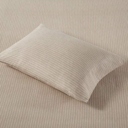 Oversized Cotton Flannel 4 Piece Sheet Set - Beige/White Stripes