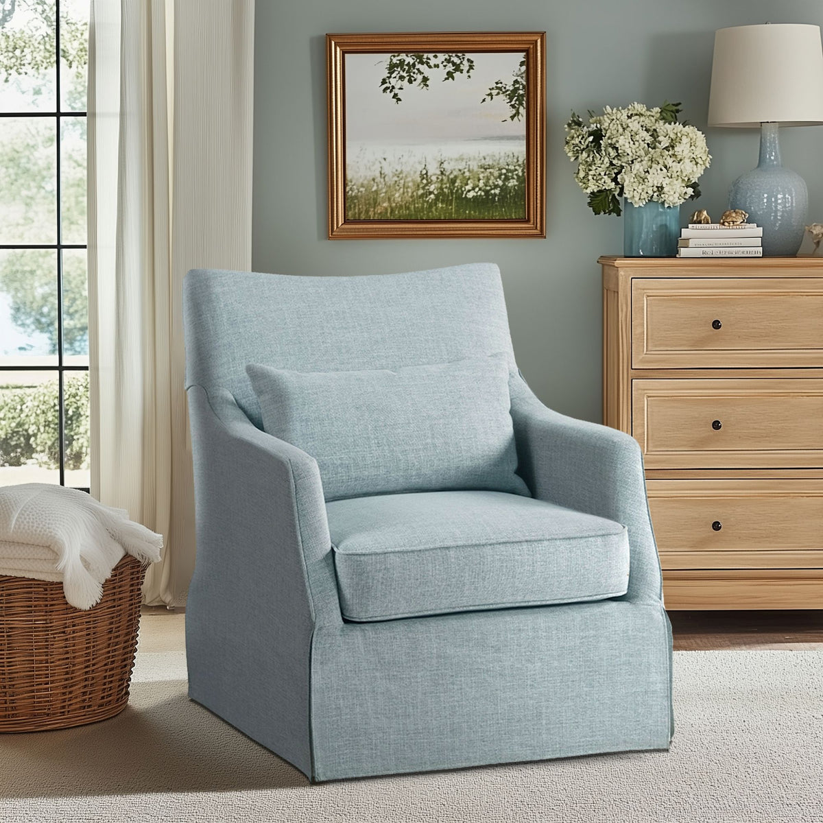 London Upholstered Skirted Swivel Armchair with Lumbar Pillow - Light Blue
