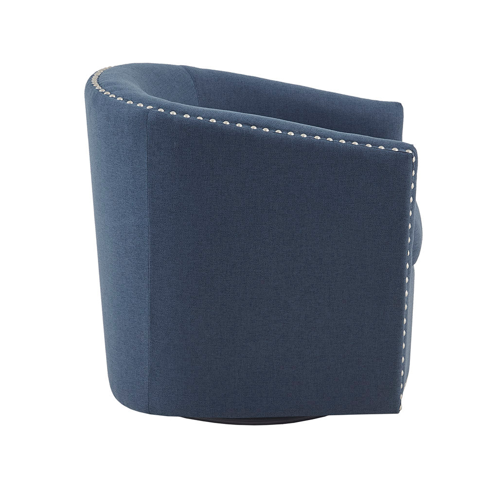 Tyler Upholstered Swivel Barrel Chair with Nailheads - Blue