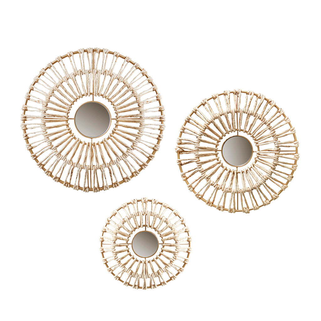 Ella Round Natural Fiber and Mirror 3-piece Wall Decor Set - Neutral