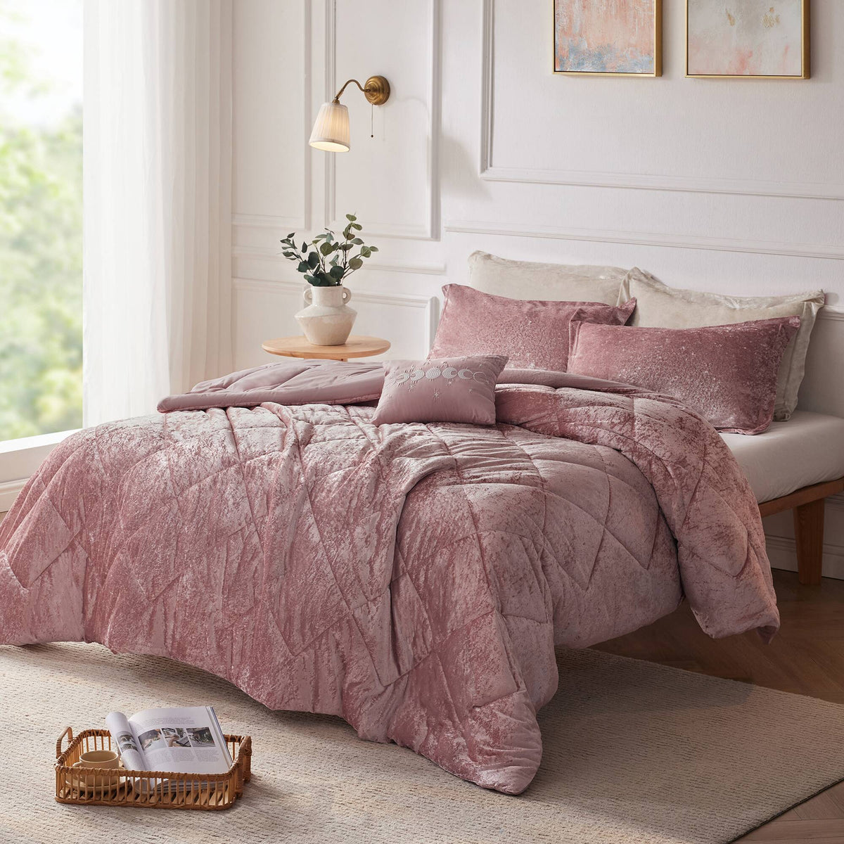 Felicia Velvet Comforter Set with Throw Pillow - Blush
