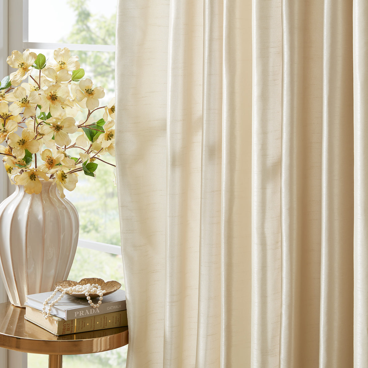 Emilia 100% Polyester Solid Faux Silk Lined Twist Tab Window Curtain - Champagne