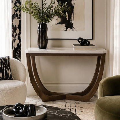 Calvedra Curve Marble-Look Console Table with Curved Walnut Wood Legs - White Marble/Walnut