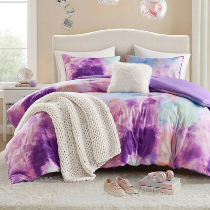 Cassiopeia Watercolor Tie Dye Printed Comforter Set with Throw Pillow - Lavender