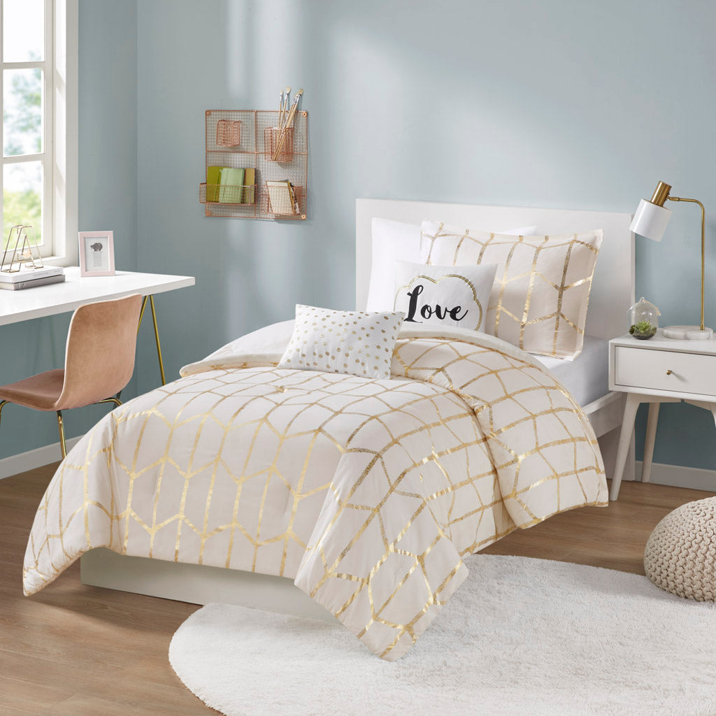 Raina Metallic Printed Comforter Set - Ivory/Gold
