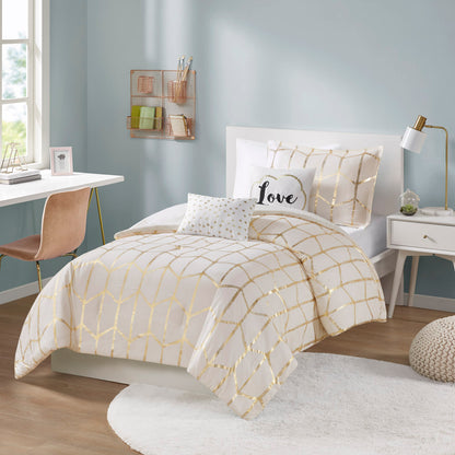 Raina Metallic Printed Comforter Set - Ivory/Gold