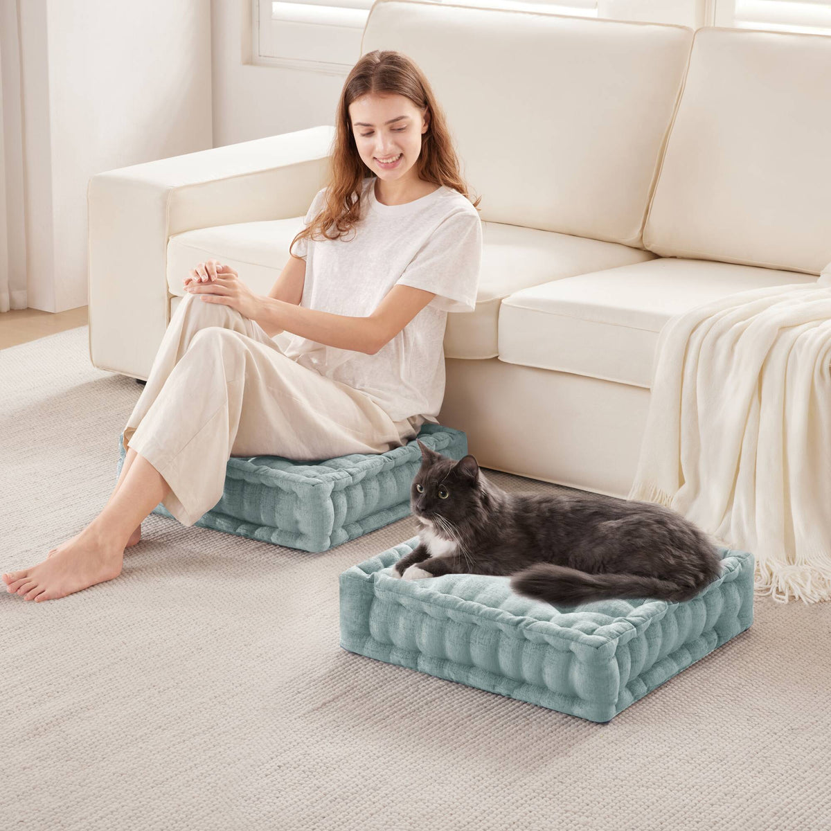 Azza Poly Chenille Square Floor Pillow Cushion Compress Pack - Aqua