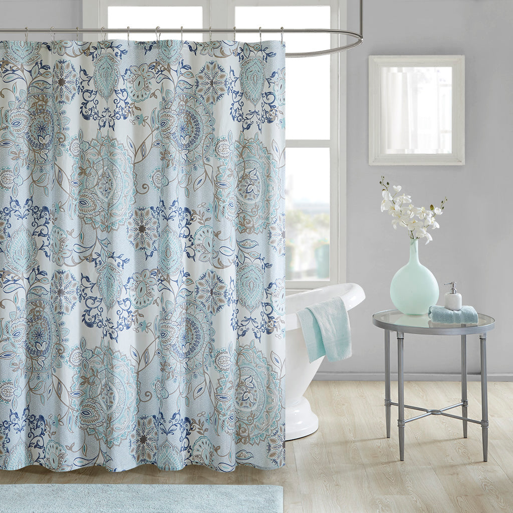 Isla Printed Cotton Shower Curtain - Blue