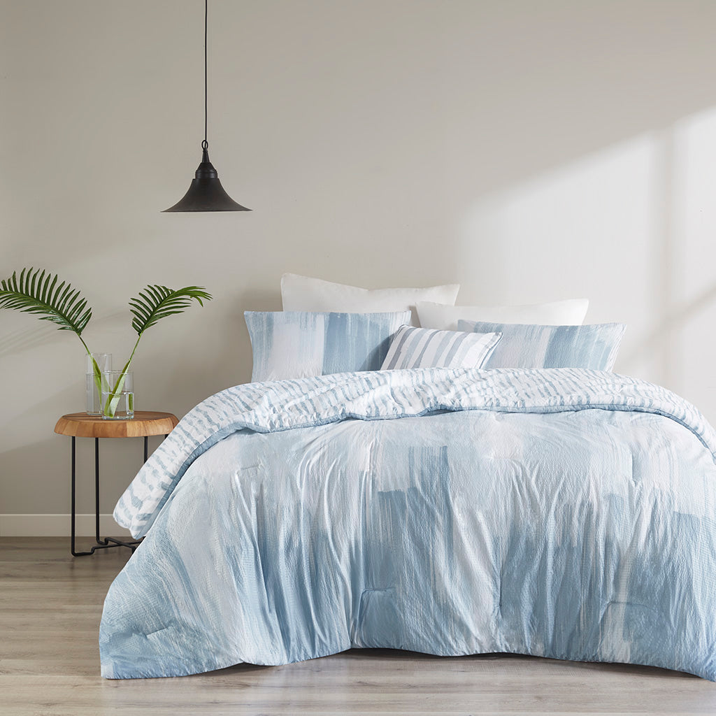 Brush Stroke 4 Piece Oversized Reversible Seersucker Comforter Set - Blue