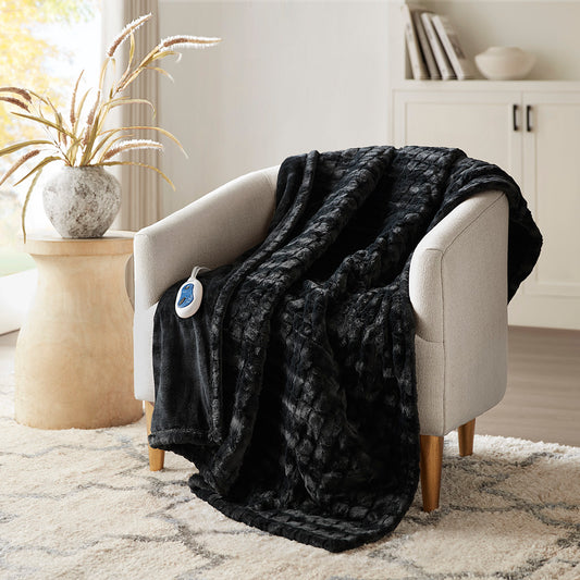 Zuri Oversized Faux Fur Heated Throw - Black Texture