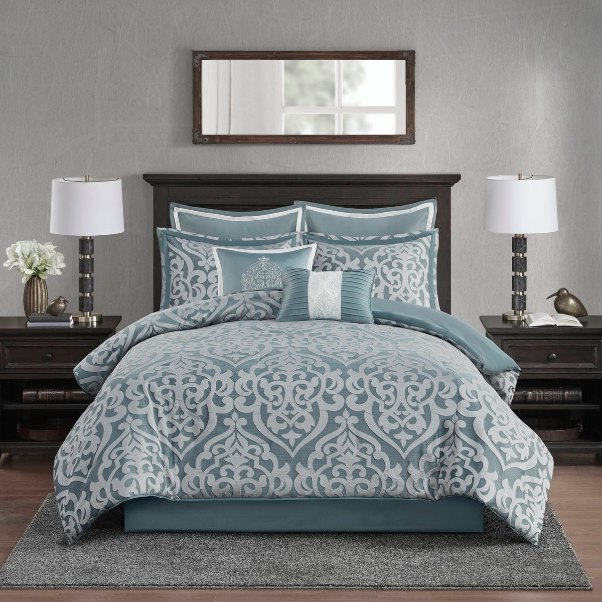 Odette 8 Piece Jacquard Comforter Set - Aqua/Silver