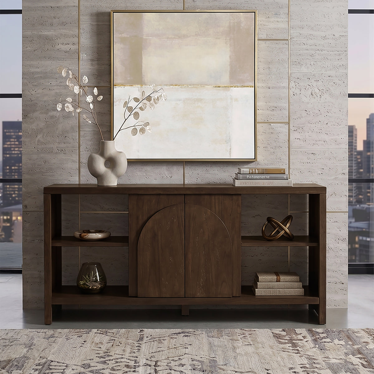 Bellcourt Arch Media Console with Arched Door Storage & Open Shelves - Walnut Brown