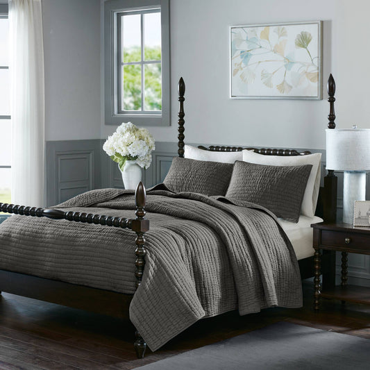 Serene 3 Piece Hand Quilted Cotton Quilt Set - Grey